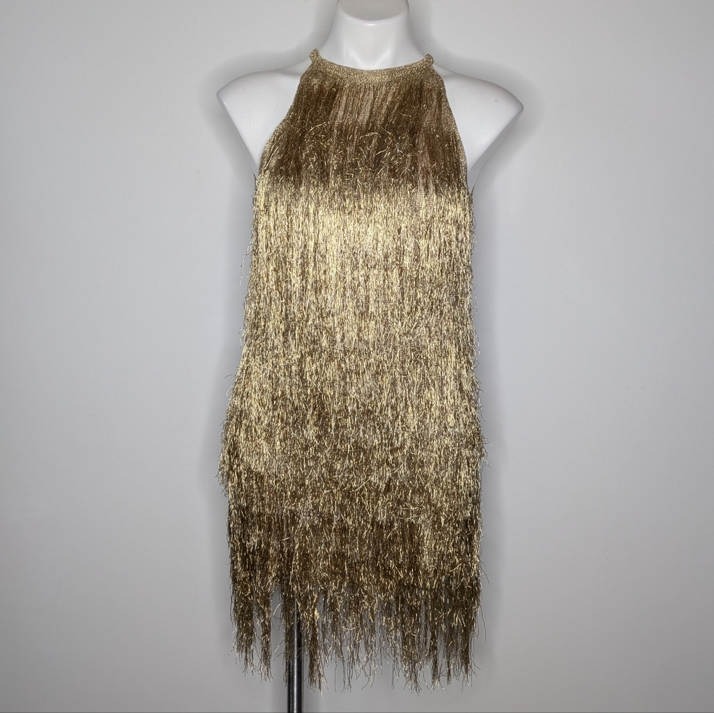 Rachel Zoe Gold Fringe Halter Neck Sleeveless Mini Cocktail Dress S